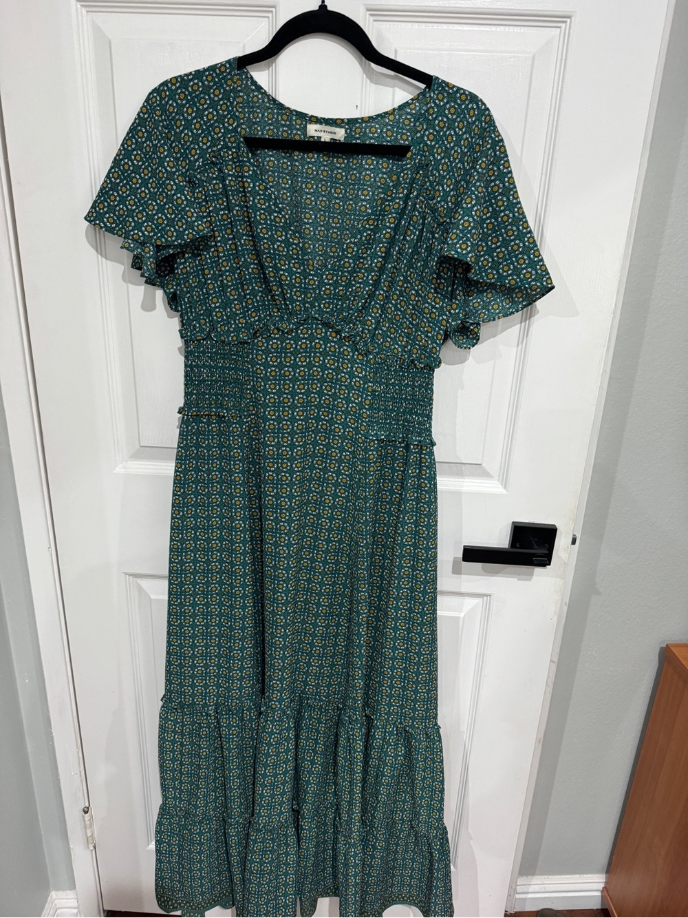 Max Studio Teal Printed Midi Dress with Flutter Sleeves